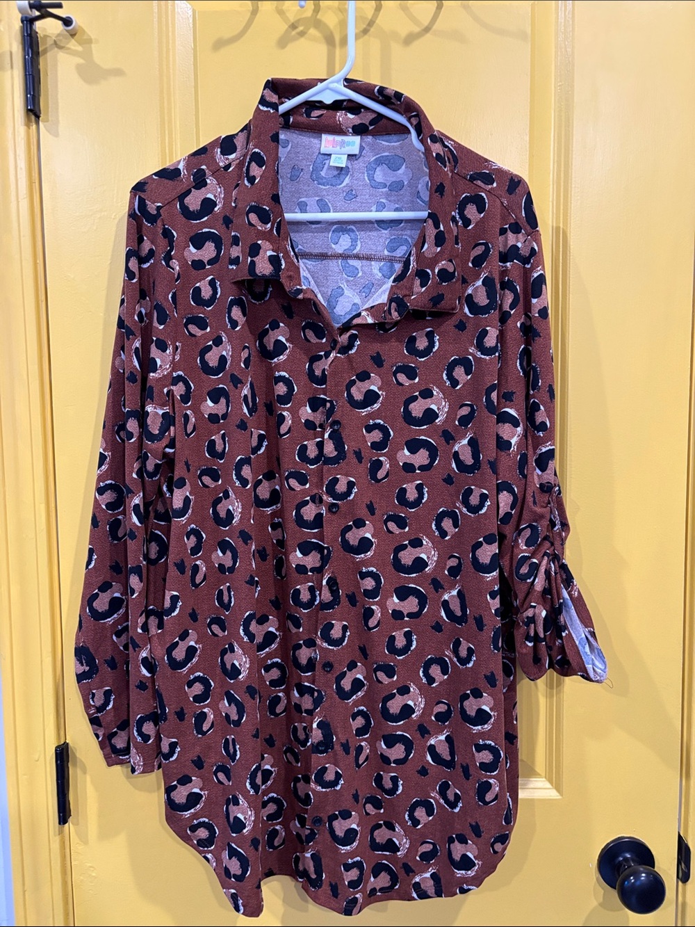 Leopard Print Button-Neck Tunic Top - Brown